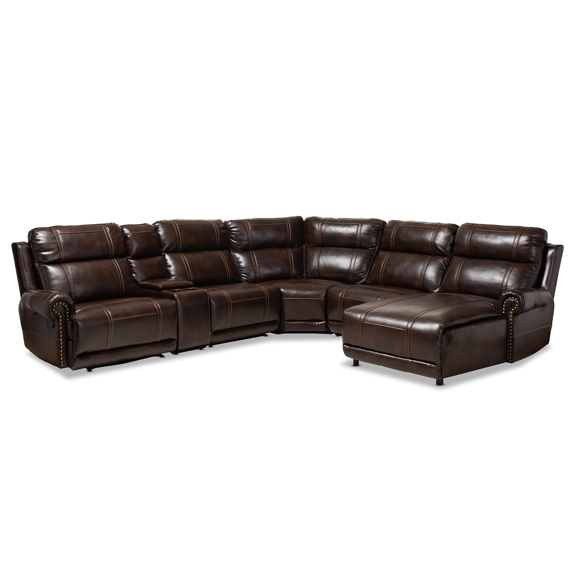 Baxton Studio Dacio Modern and Contemporary Brown Faux Leather Upholstered 6-Piece Sectional Recliner Sofa with 2 Reclining Seats